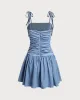 Blue Ruched Tie Strap Mini Dress sold by rihoas