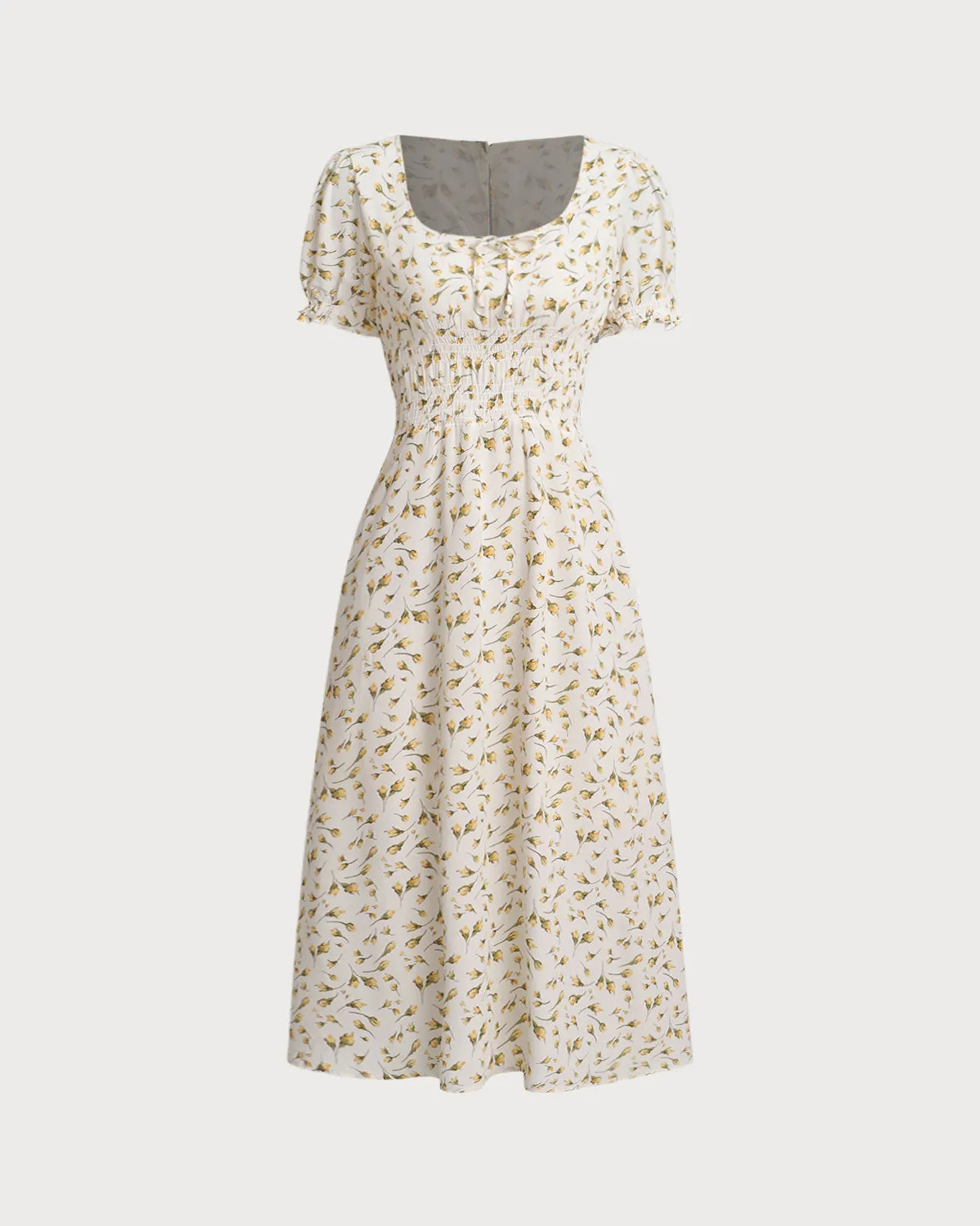 Yellow Floral Square Neck Shirred Midi Dress sold by rihoas
