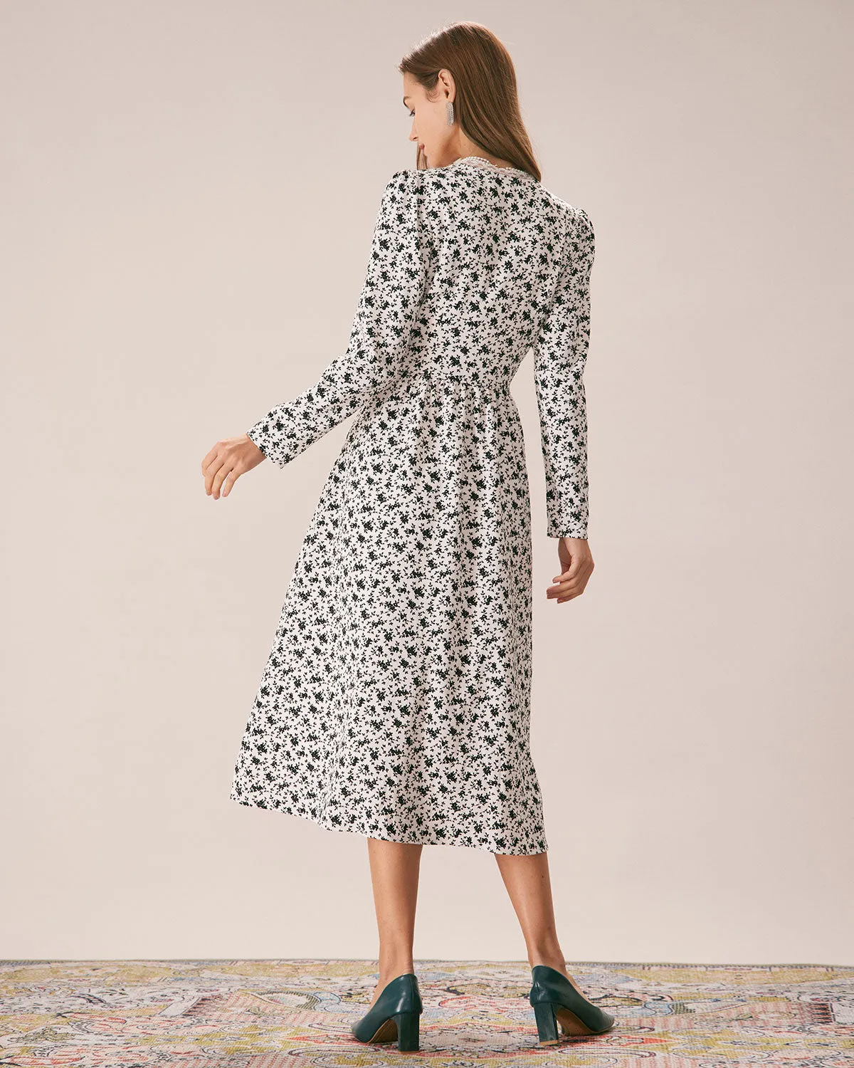 The Black Deep V Neck Floral Lace Midi Dress sold by rihoas product image thumbnail 4