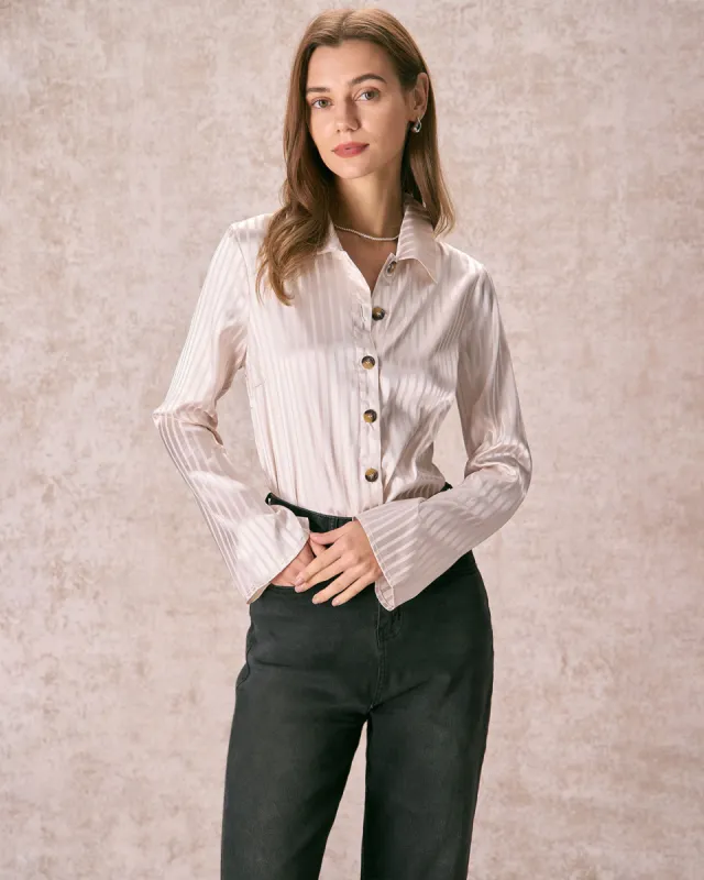 The Apricot Striped Wide Cuff Satin Shirt sold by rihoas