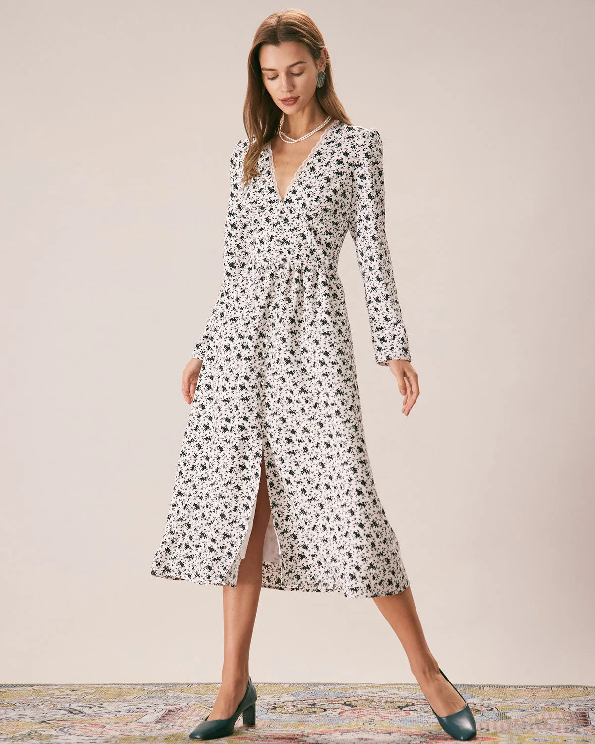 The Black Deep V Neck Floral Lace Midi Dress sold by rihoas product image thumbnail 3