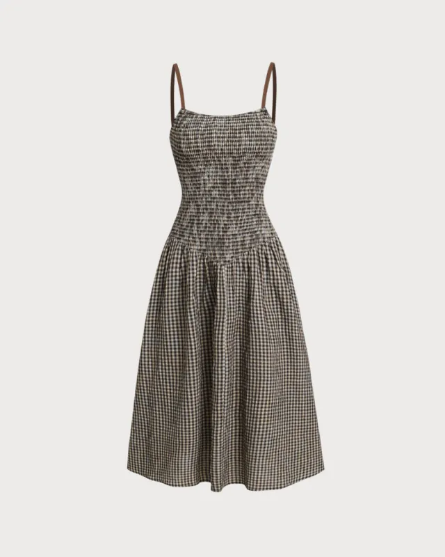 Brown Plaid Shirred Slip Midi Dress sold by rihoas