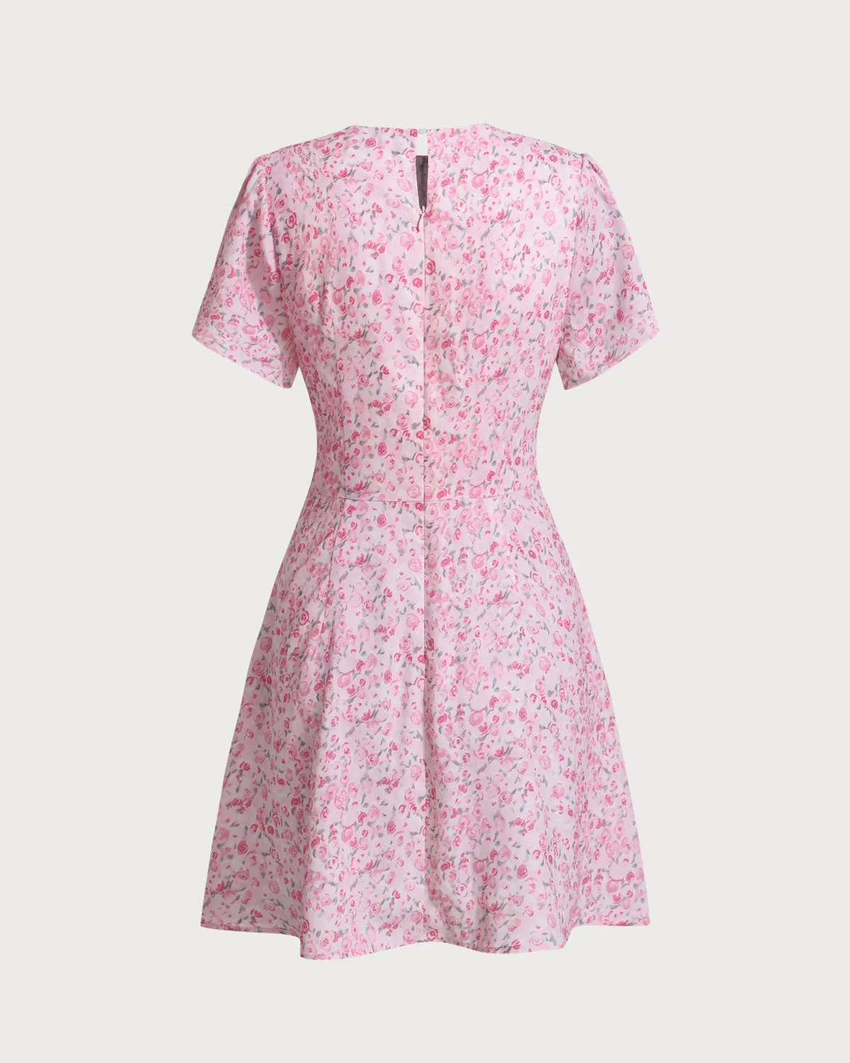 Pink Floral Round Neck Pleated Mini Dress sold by rihoas product image thumbnail 2