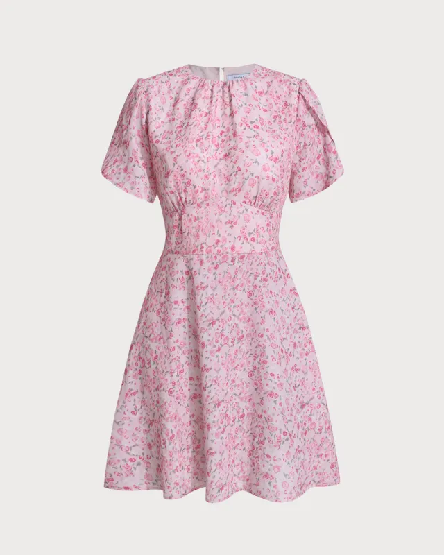 Pink Floral Round Neck Pleated Mini Dress sold by rihoas