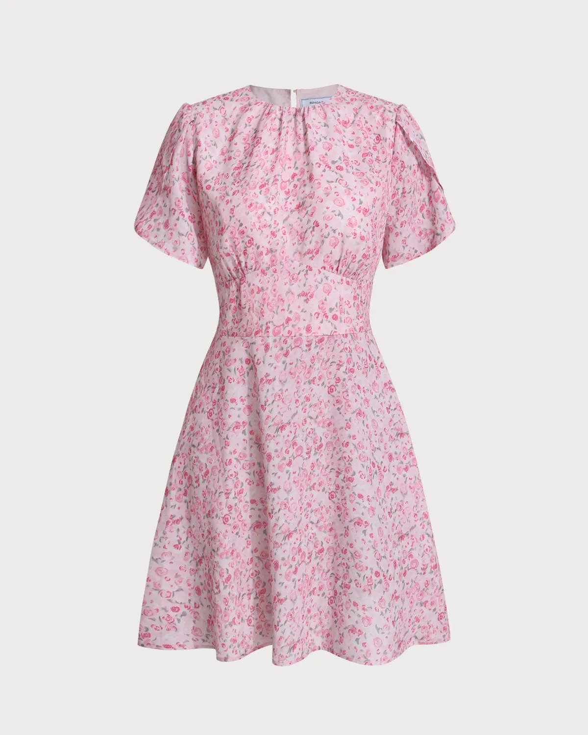 Pink Floral Round Neck Pleated Mini Dress sold by rihoas