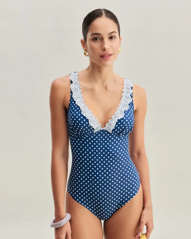Blue Polka Dot One-Piece Swimsuit sold by rihoas