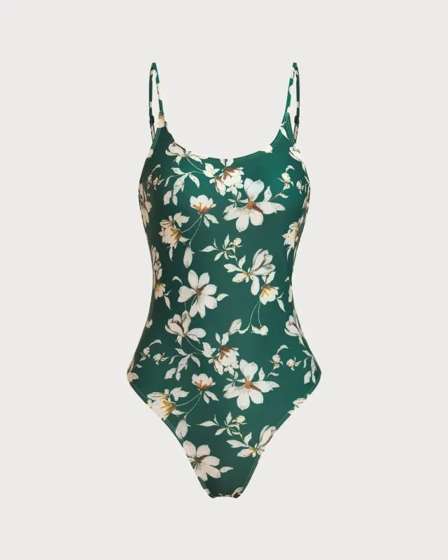 Green Floral Backless One-Piece Swimsuit sold by rihoas