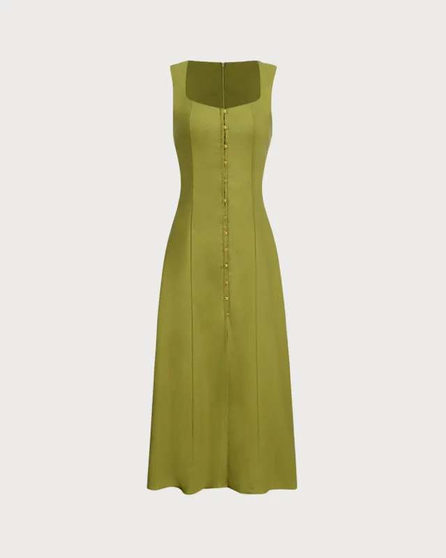 Green Square Neck Button Sleeveless Midi Dress sold by rihoas