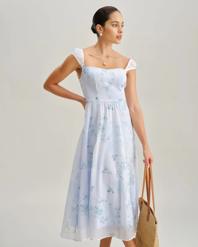 Blue Floral Sweetheart Neck Slip Midi Dress sold by rihoas