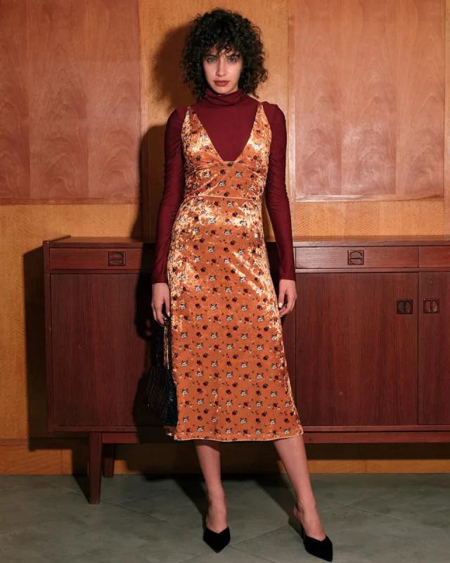 The Floral Printed Velvet Sling Midi Dress sold by rihoas