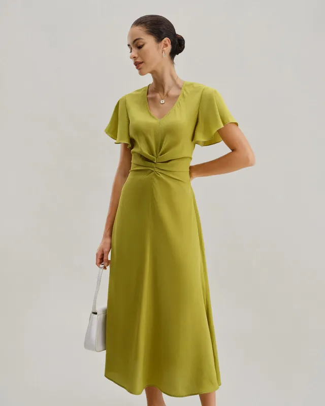 Green V Neck Ruffle Sleeve Midi Dress sold by rihoas