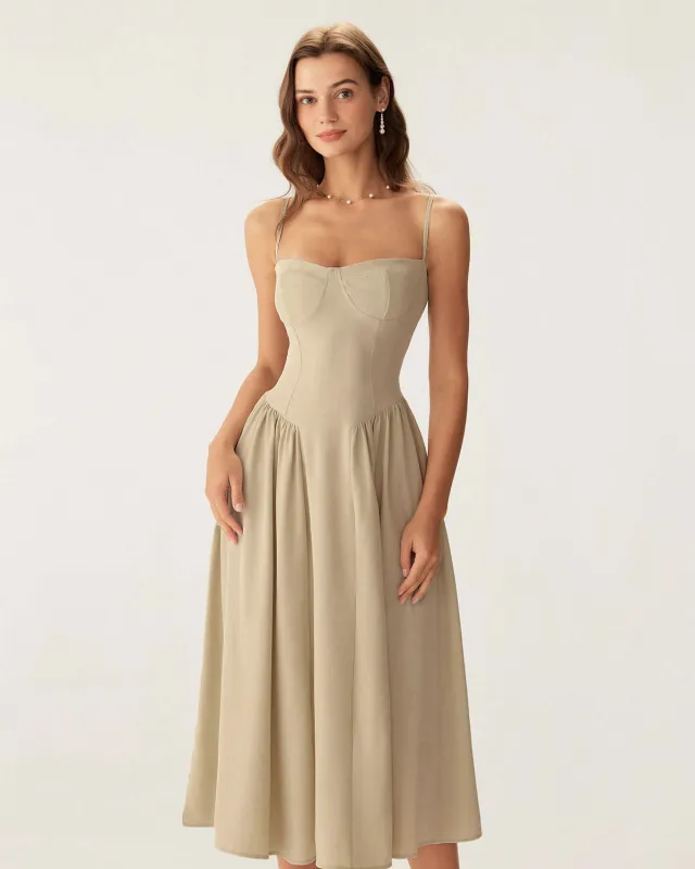 Khaki Square Neck Pocket Slip Midi Dress sold by rihoas