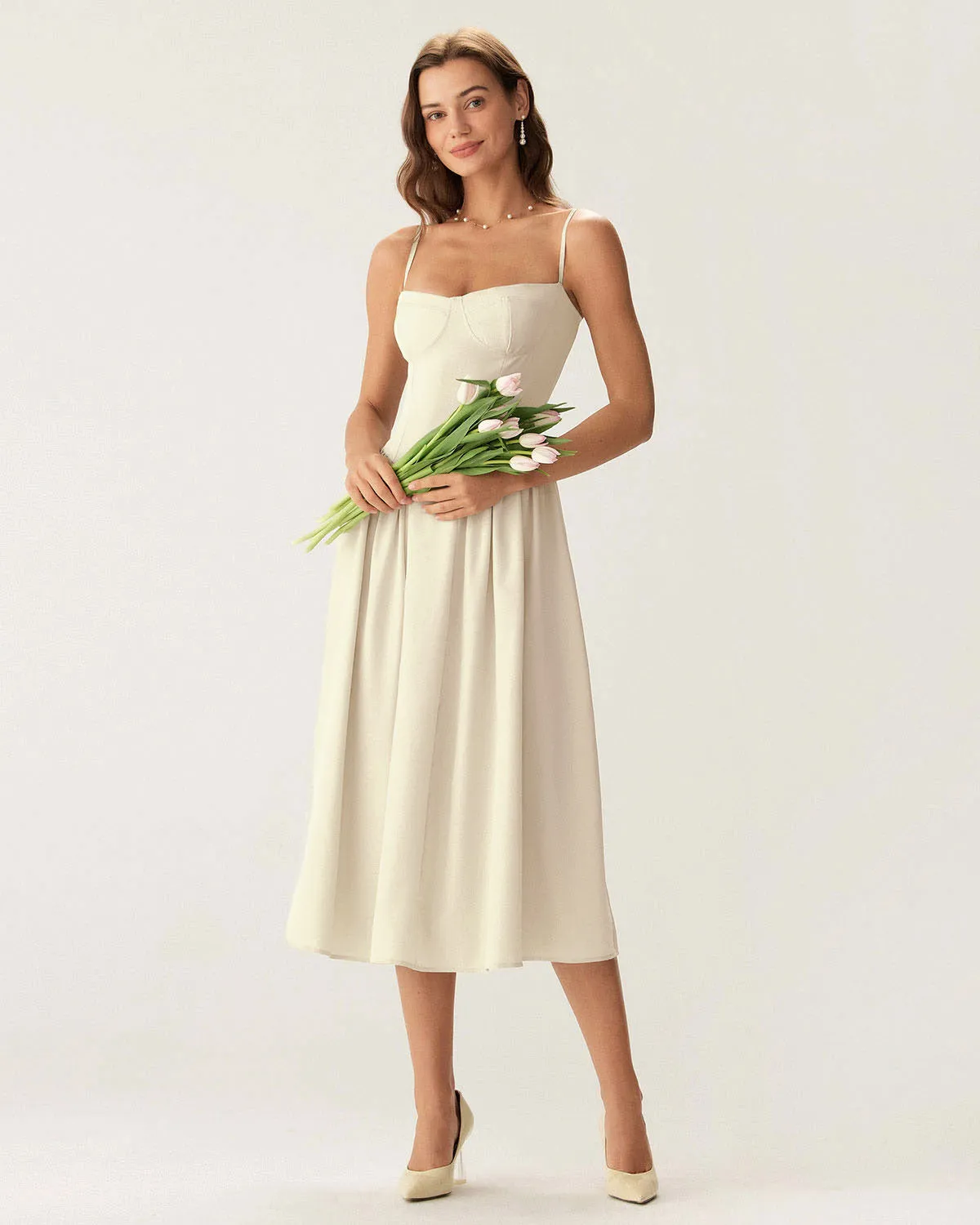 Beige Square Neck Pocket Slip Midi Dress sold by rihoas product image thumbnail 3