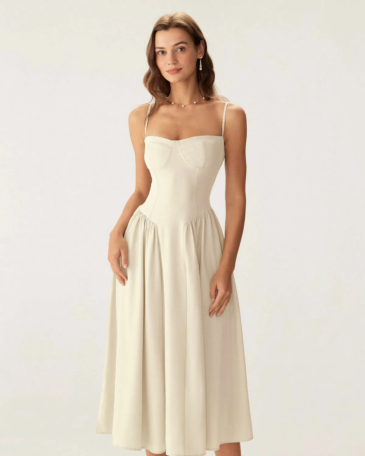 Beige Square Neck Pocket Slip Midi Dress sold by rihoas