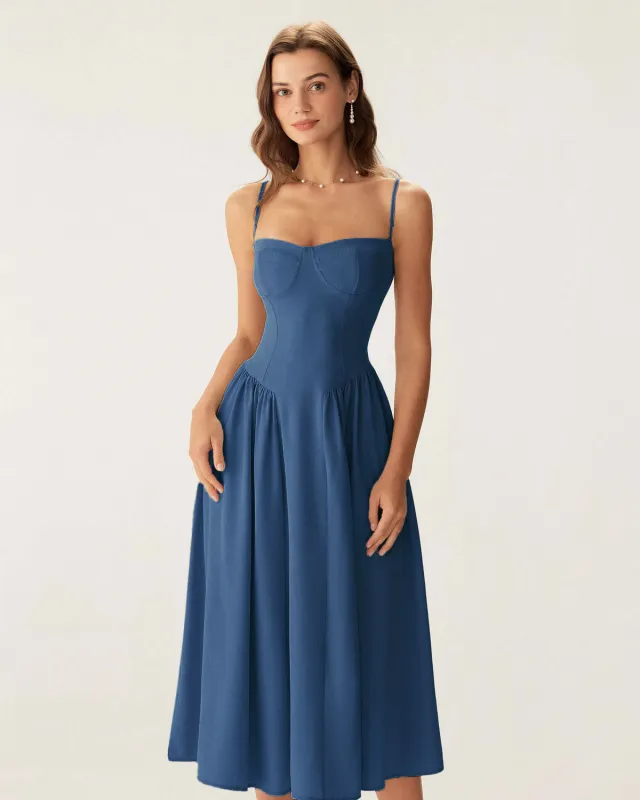 Navy Square Neck Pocket Slip Midi Dress sold by rihoas