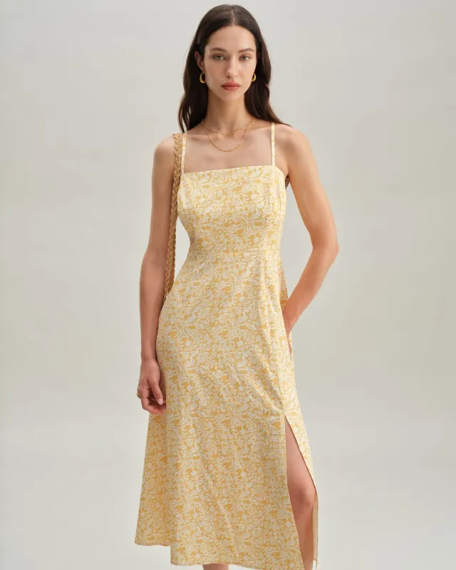 Yellow Floral Backless Slip Midi Dress sold by rihoas