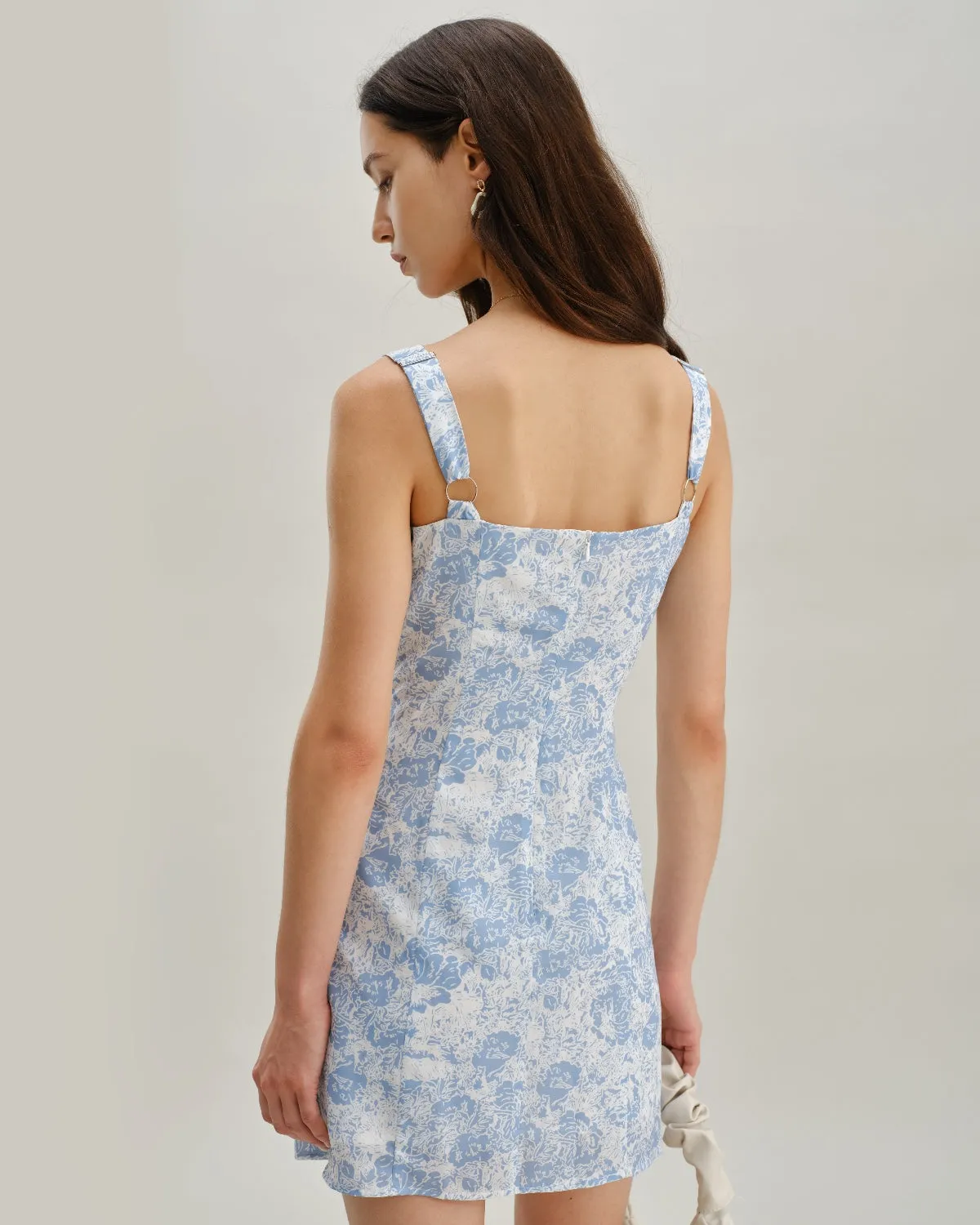 Blue Floral Square Neck A-Line Slip Mini Dress sold by rihoas product image thumbnail 3