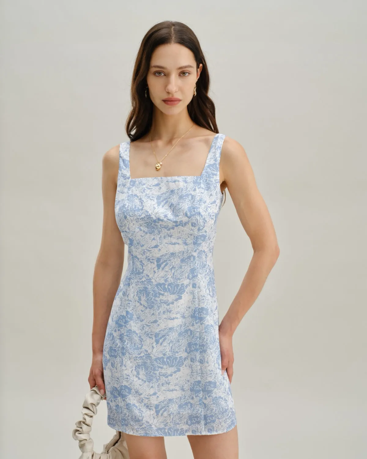 Blue Floral Square Neck A-Line Slip Mini Dress sold by rihoas