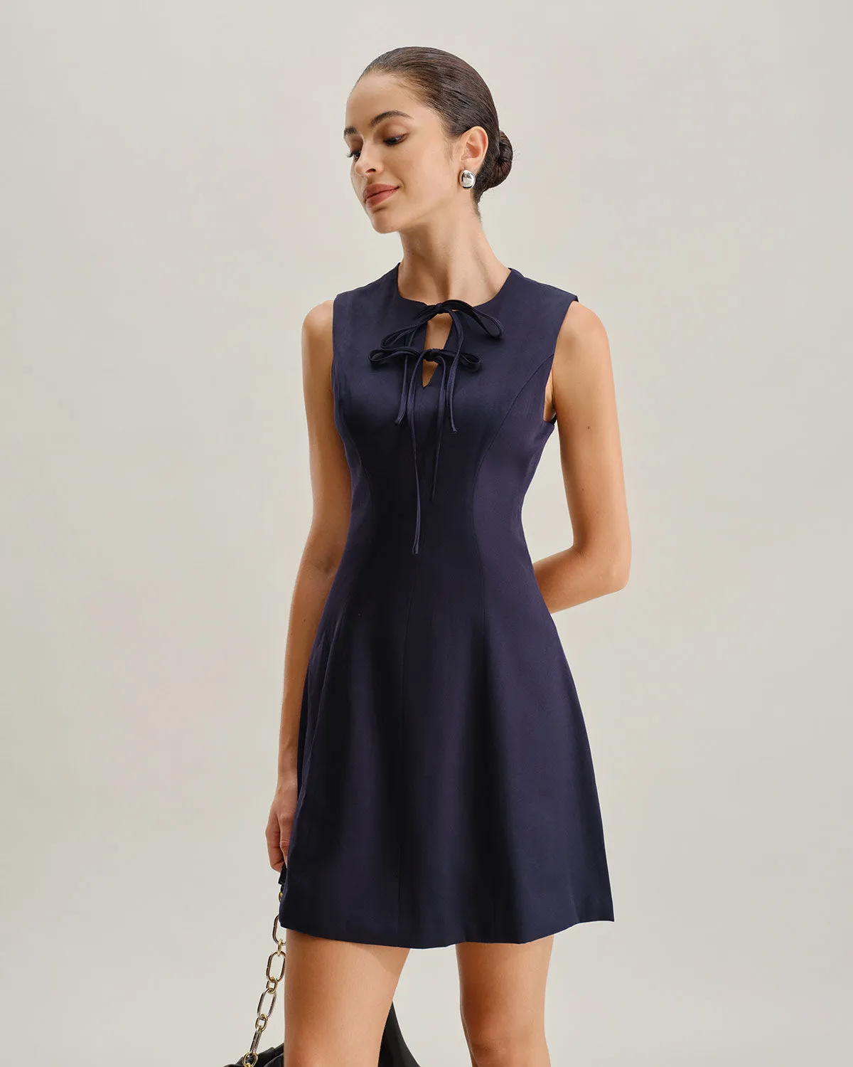 Blue Round Neck Sleeveless A-Line Mini Dress sold by rihoas product image thumbnail 3