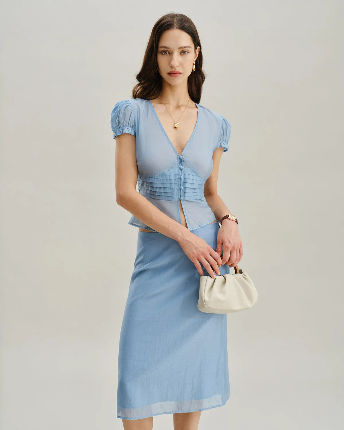 Blue Deep V Neck Short Sleeve Blouse sold by rihoas product image thumbnail 3