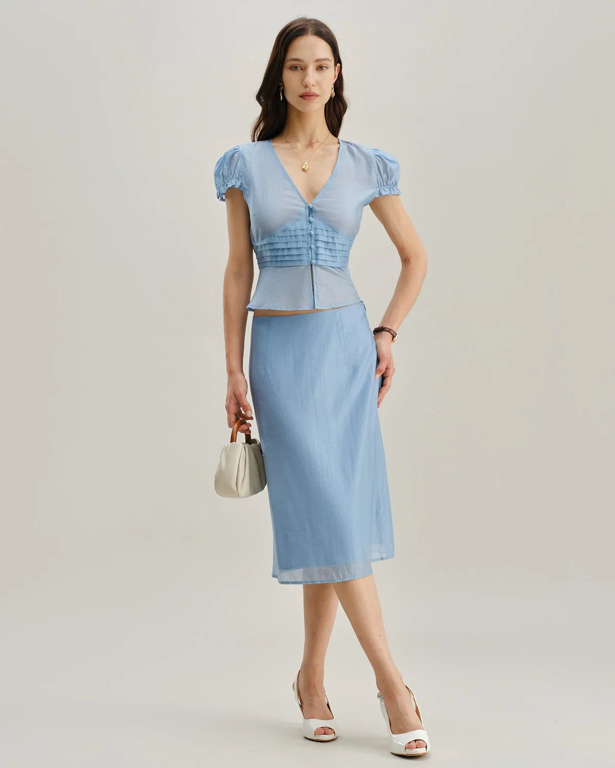 Blue Deep V Neck Short Sleeve Blouse sold by rihoas product image thumbnail 4