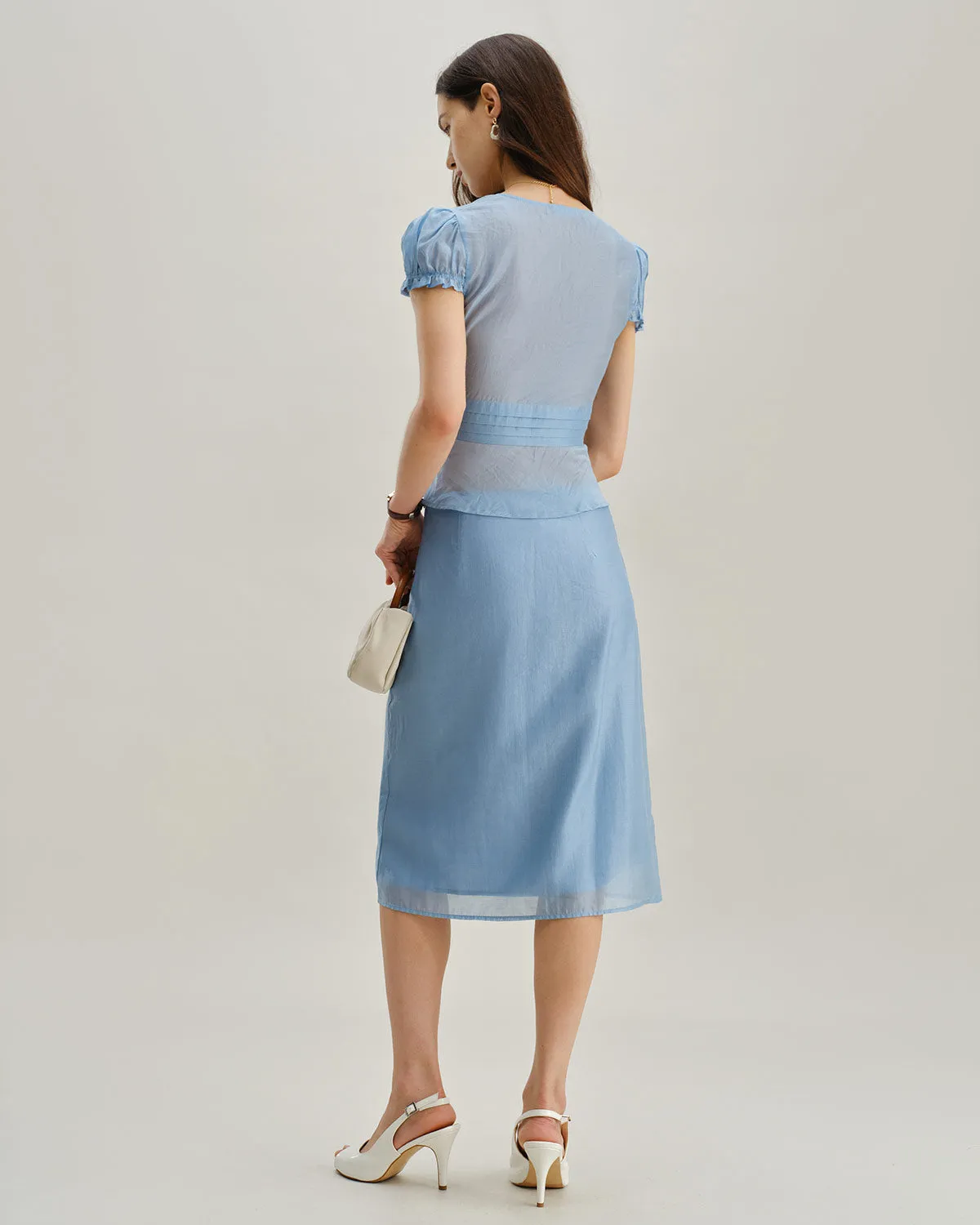 Blue Deep V Neck Short Sleeve Blouse sold by rihoas product image thumbnail 5