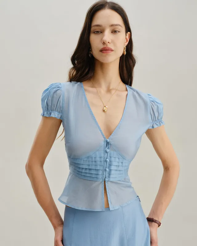 Blue Deep V Neck Short Sleeve Blouse sold by rihoas
