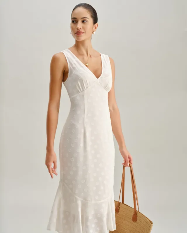 Beige Polka Dot V-Neck Midi Dress made by rihoas