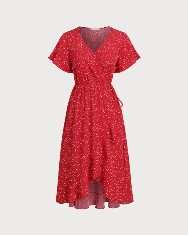 Plus Size Red V Neck Polka Dot Midi Dress sold by rihoas