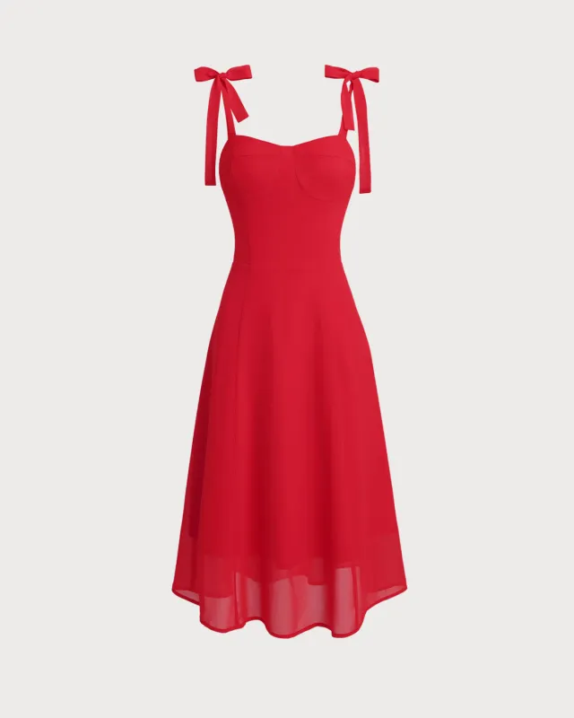 Red Sweetheart Neck Tie Strap Midi Dress sold by rihoas