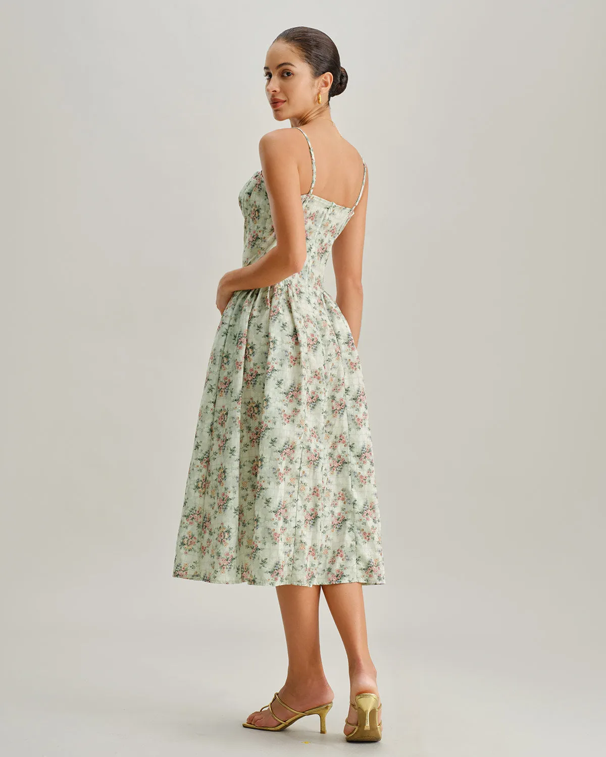 Green Floral Sweetheart Neck Slip Midi Dress sold by rihoas product image thumbnail 4
