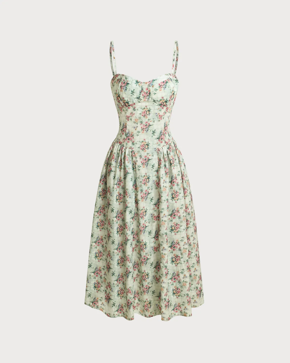 Green Floral Sweetheart Neck Slip Midi Dress sold by rihoas product image thumbnail 5