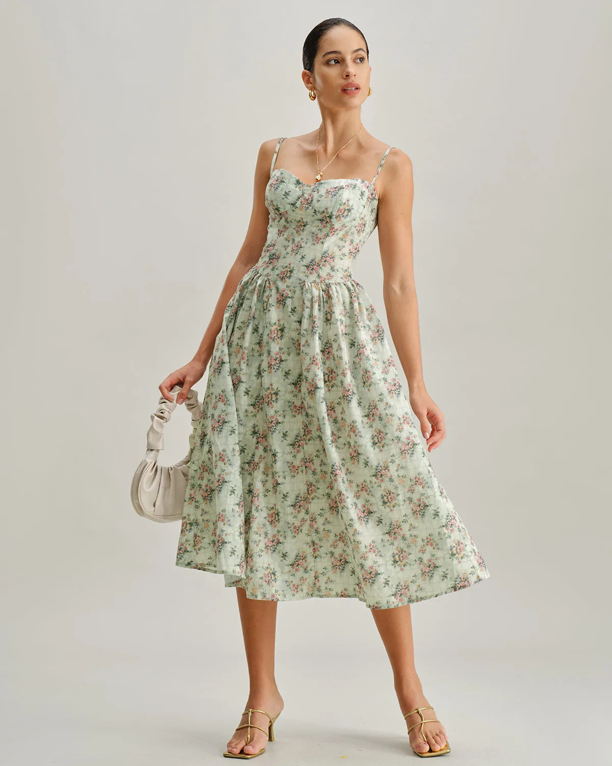 Green Floral Sweetheart Neck Slip Midi Dress sold by rihoas product image thumbnail 3