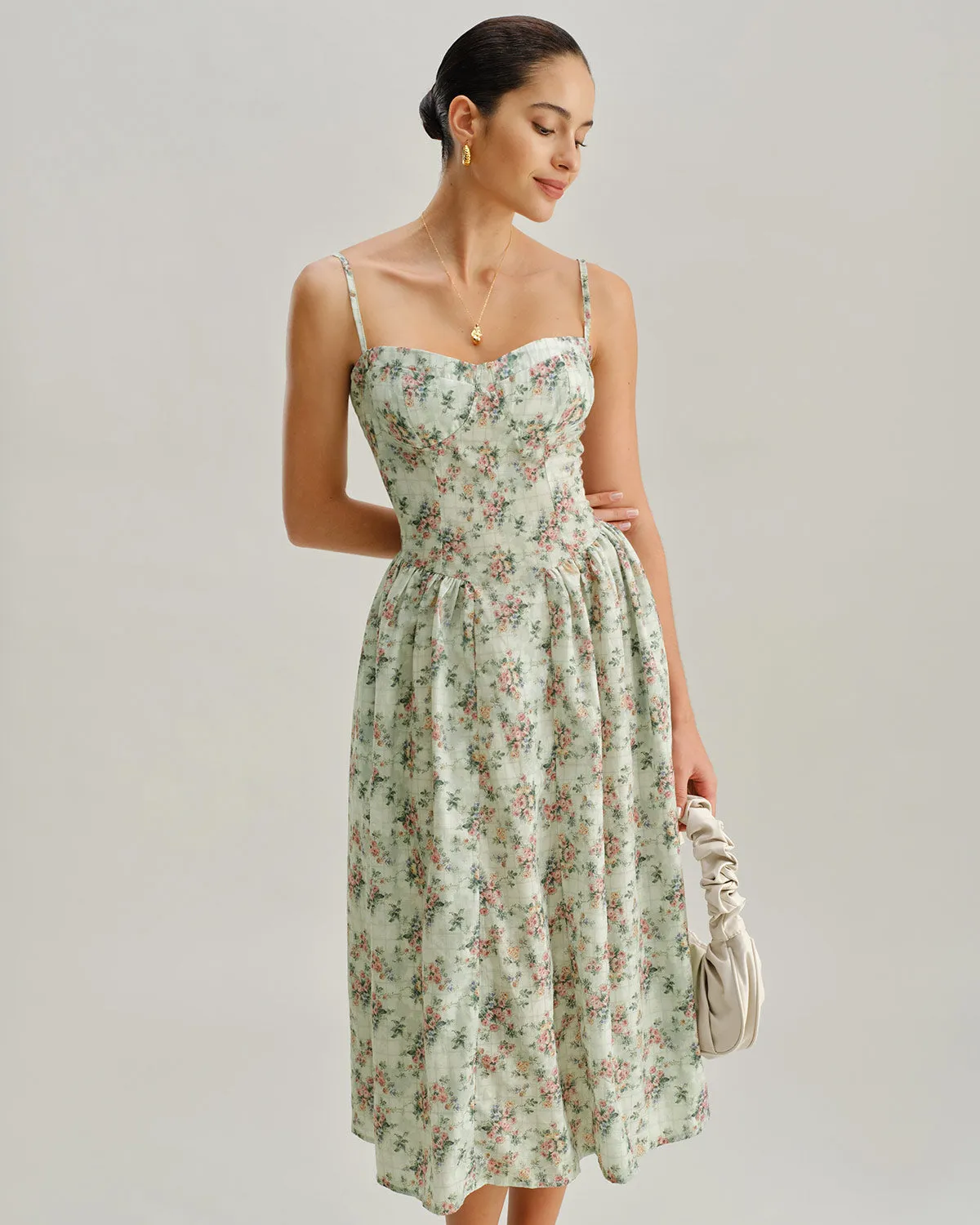 Green Floral Sweetheart Neck Slip Midi Dress sold by rihoas