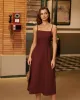 Wine Red Square Neck Shirred Slip Midi Dress sold by rihoas