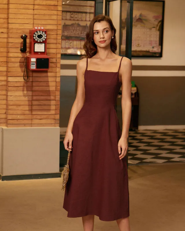 Wine Red Square Neck Shirred Slip Midi Dress sold by rihoas
