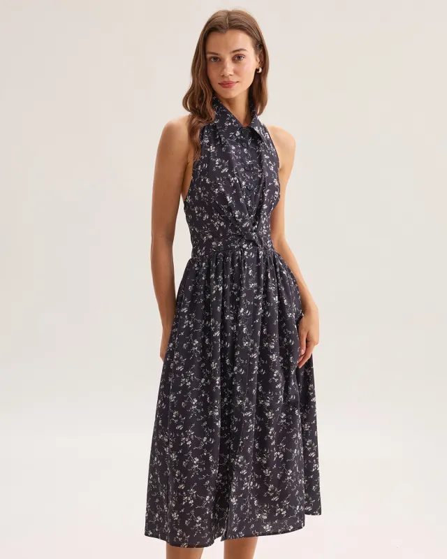 Black Floral Shirred Backless Midi Dress sold by rihoas