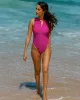 Rose Red Knit Zipper One-Piece Swimsuit sold by rihoas