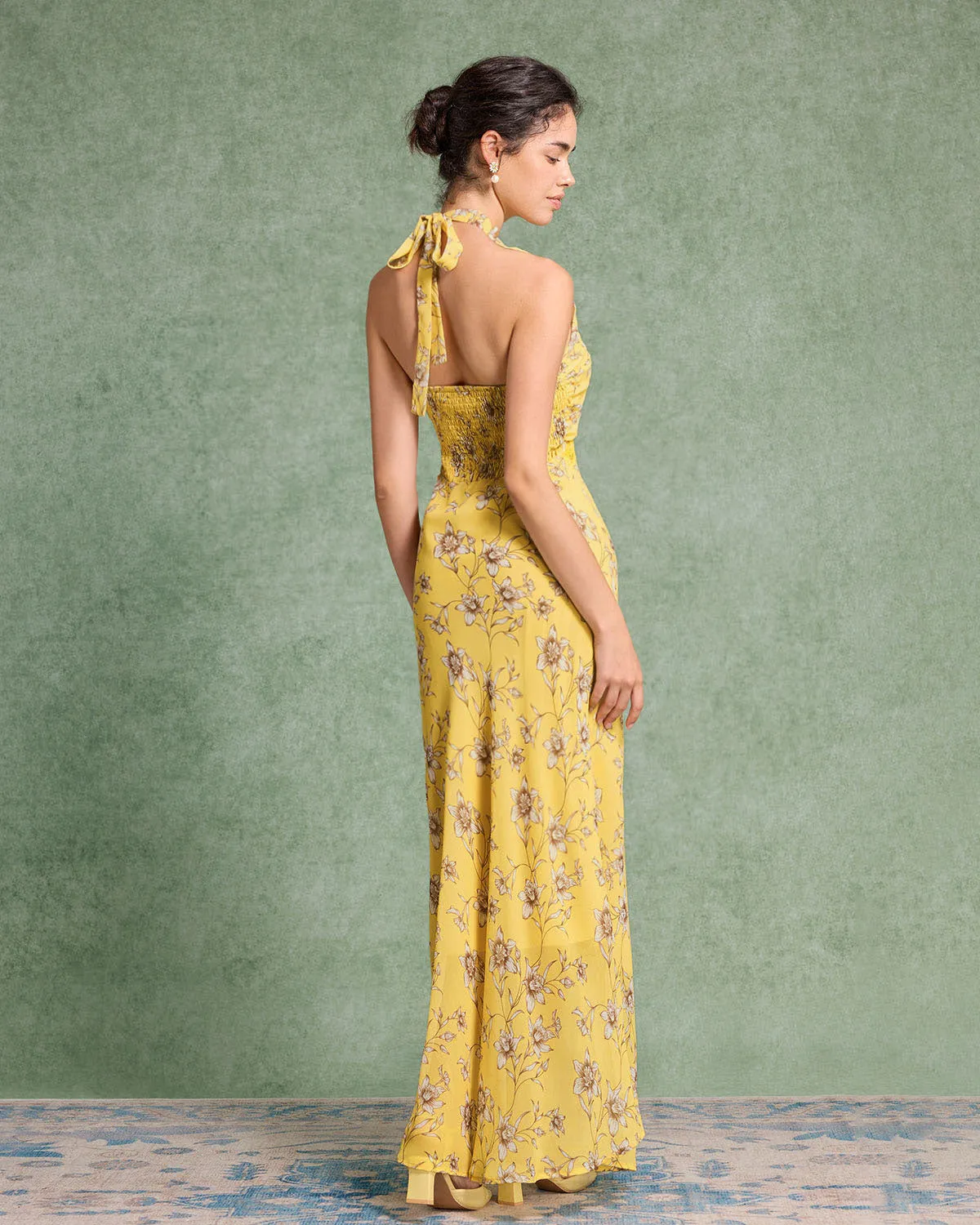 Yellow Floral Shirred Halter Maxi Dress sold by rihoas product image thumbnail 5