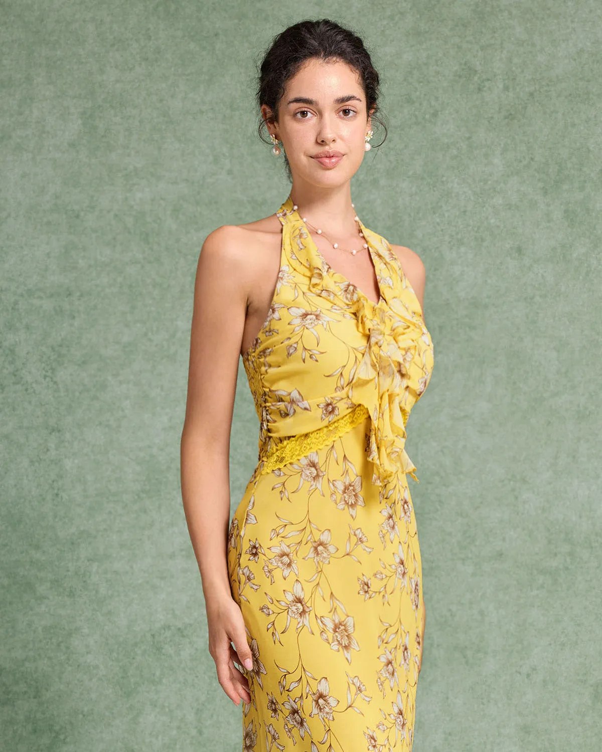 Yellow Floral Shirred Halter Maxi Dress sold by rihoas product image thumbnail 2