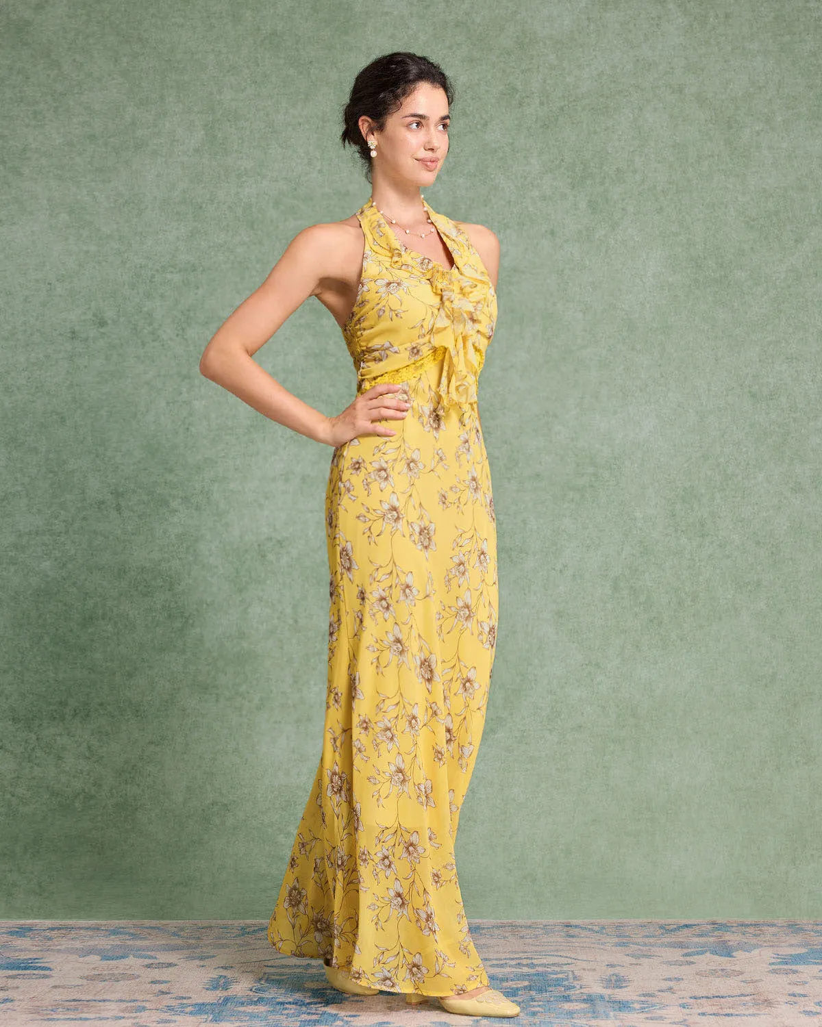 Yellow Floral Shirred Halter Maxi Dress sold by rihoas product image thumbnail 4