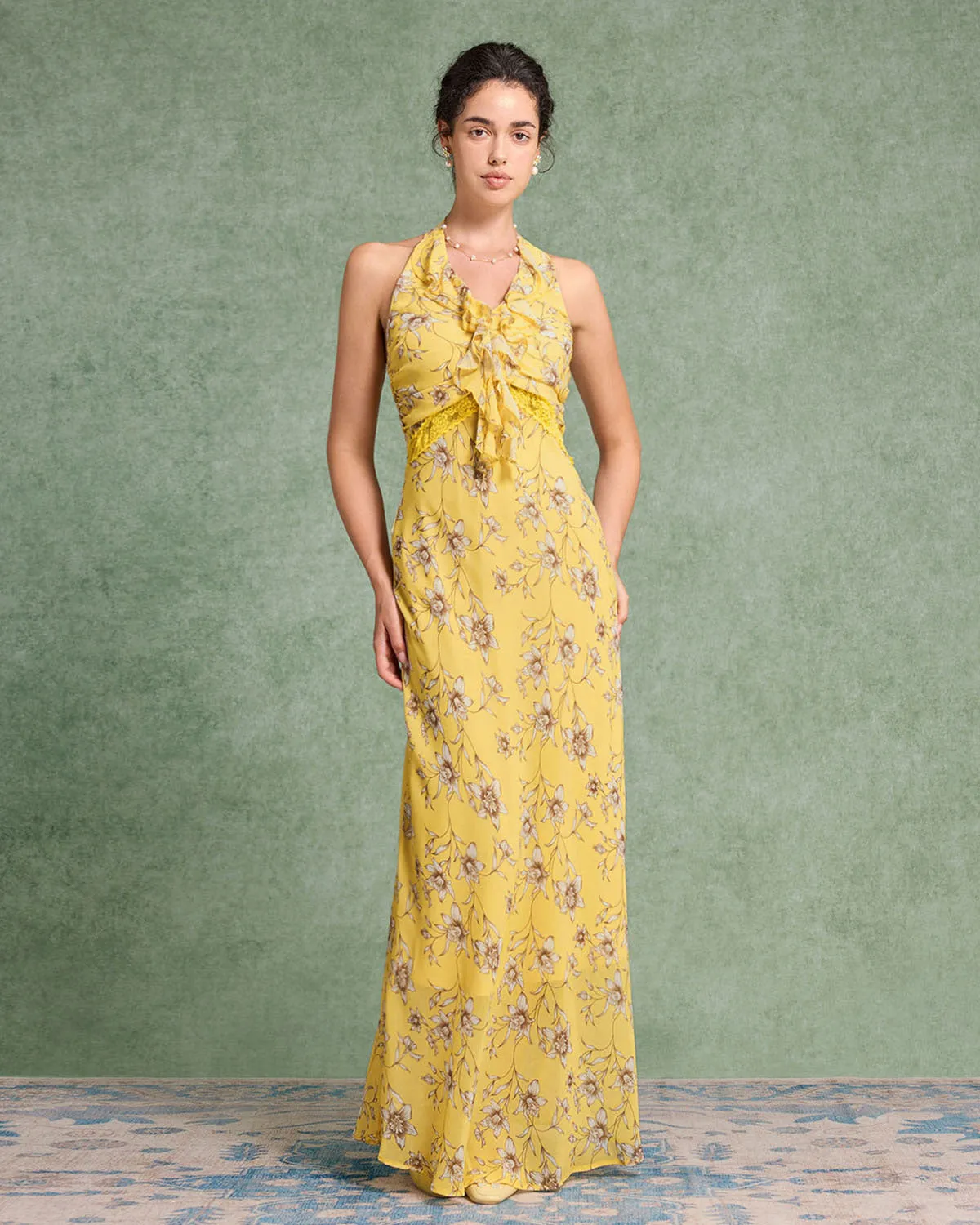 Yellow Floral Shirred Halter Maxi Dress sold by rihoas