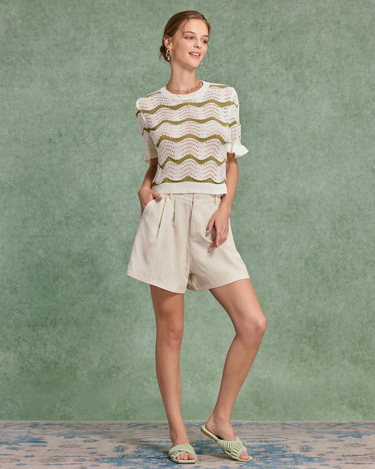 White Striped Round Neck Crochet Sweater sold by rihoas product image thumbnail 3