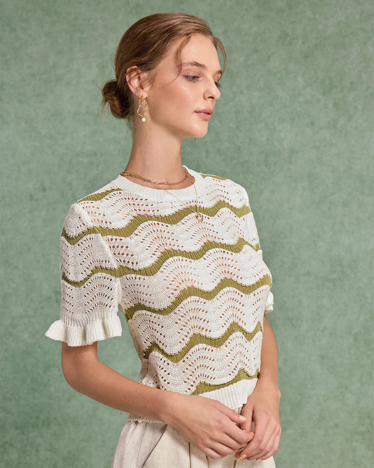 White Striped Round Neck Crochet Sweater sold by rihoas