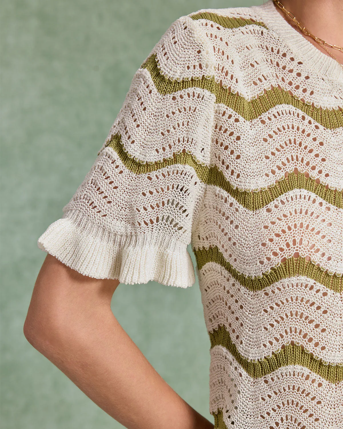 White Striped Round Neck Crochet Sweater sold by rihoas product image thumbnail 2