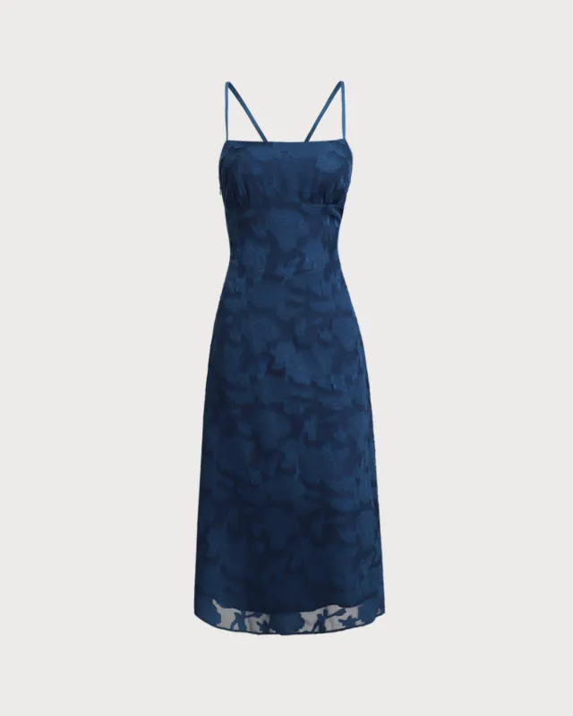 Navy Jacquard Slip Backless Maxi Dress sold by rihoas