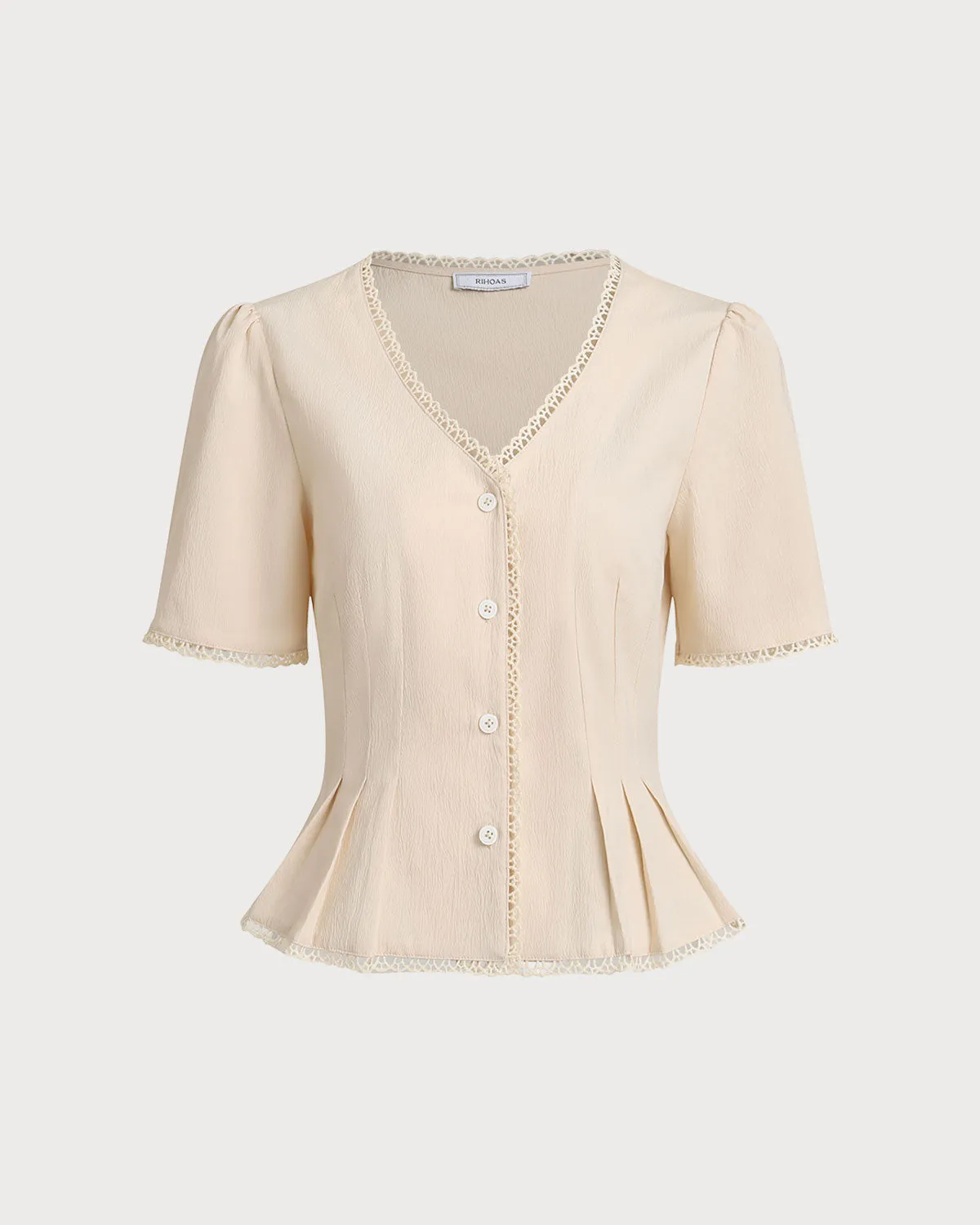 Beige V Neck Pleated Button Blouse sold by rihoas