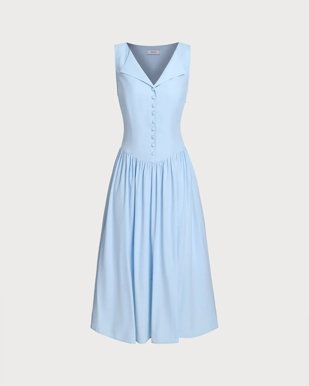 Blue V Neck Button Sleeveless Midi Dress sold by rihoas