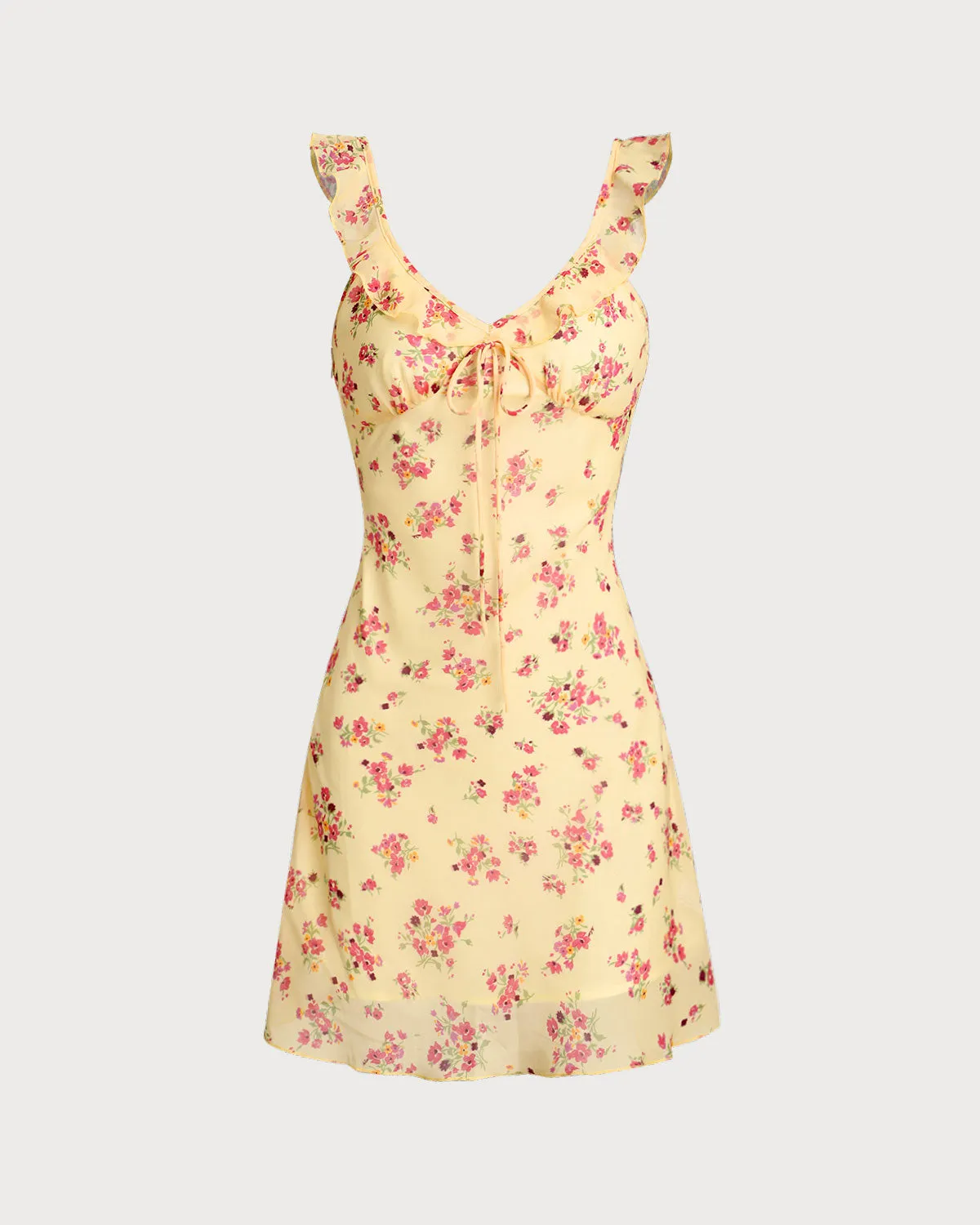 Yellow Floral Ruffle Sleeveless Mini Dress sold by rihoas