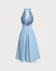 Blue Halter Pleated Midi Dress sold by rihoas